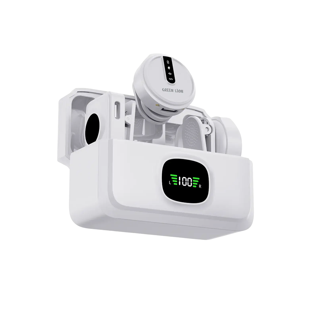Green Lion GLM Wireless Mic Lite – Universal Type-C / Lightning / 3.5mm AUX Lavalier Microphone (Camera Compatible, White)