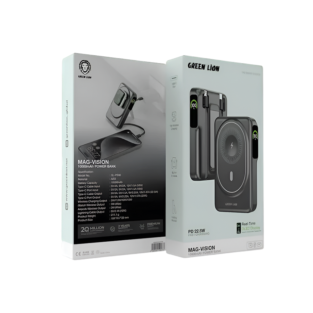 Green Lion Mag-Vision 10,000mAh Power Bank – GL-PB96 (GNMAGVS10PBK) MagSafe Wireless Fast Charging Power Bank with Built-in Cables, Kickstand & PD 22.5W