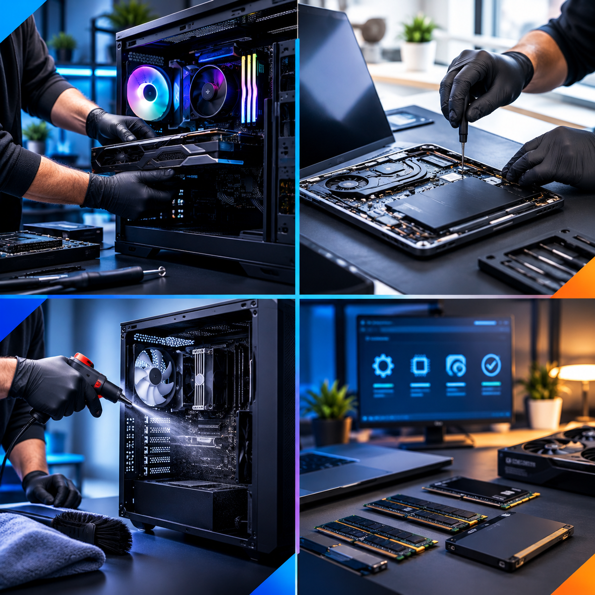 A four-panel collage showing hands in black gloves performing computer hardware maintenance