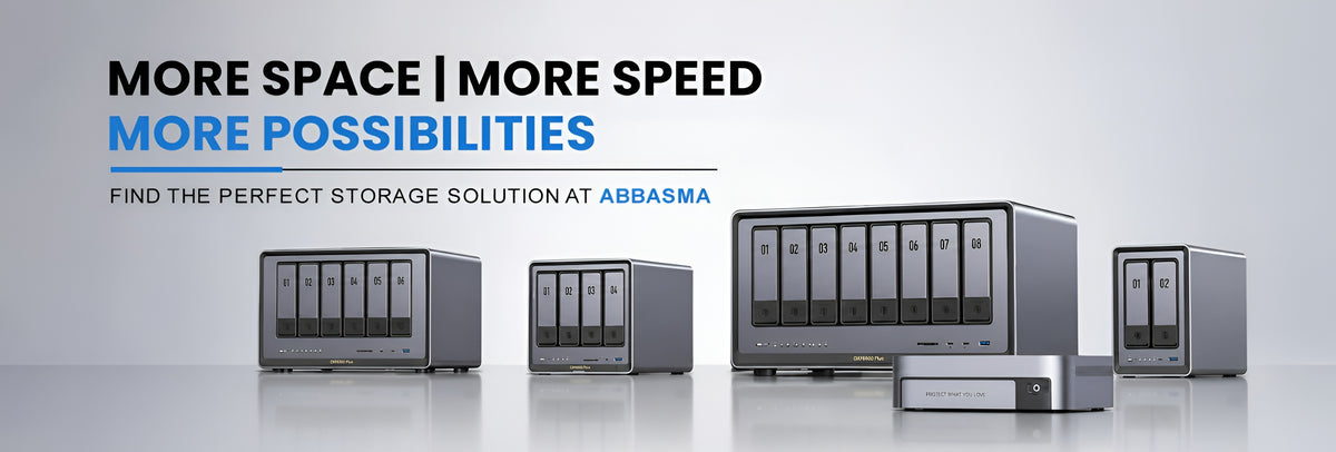 A promotional banner showing multiple silver and gray data storage enclosures and a small external drive