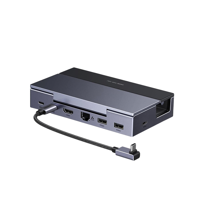 A silver and black multi-port USB-C hub