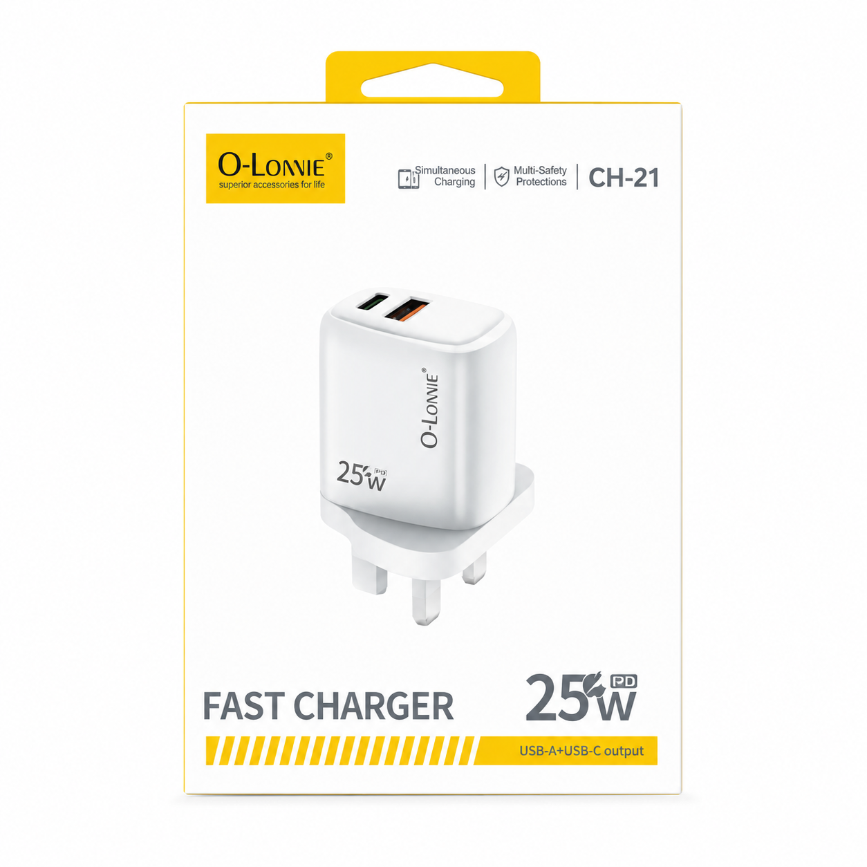 O-LONNIE CH-21 25W Fast Charging Adapter – USB-C & USB-A Dual Port PD Wall Charger (White)