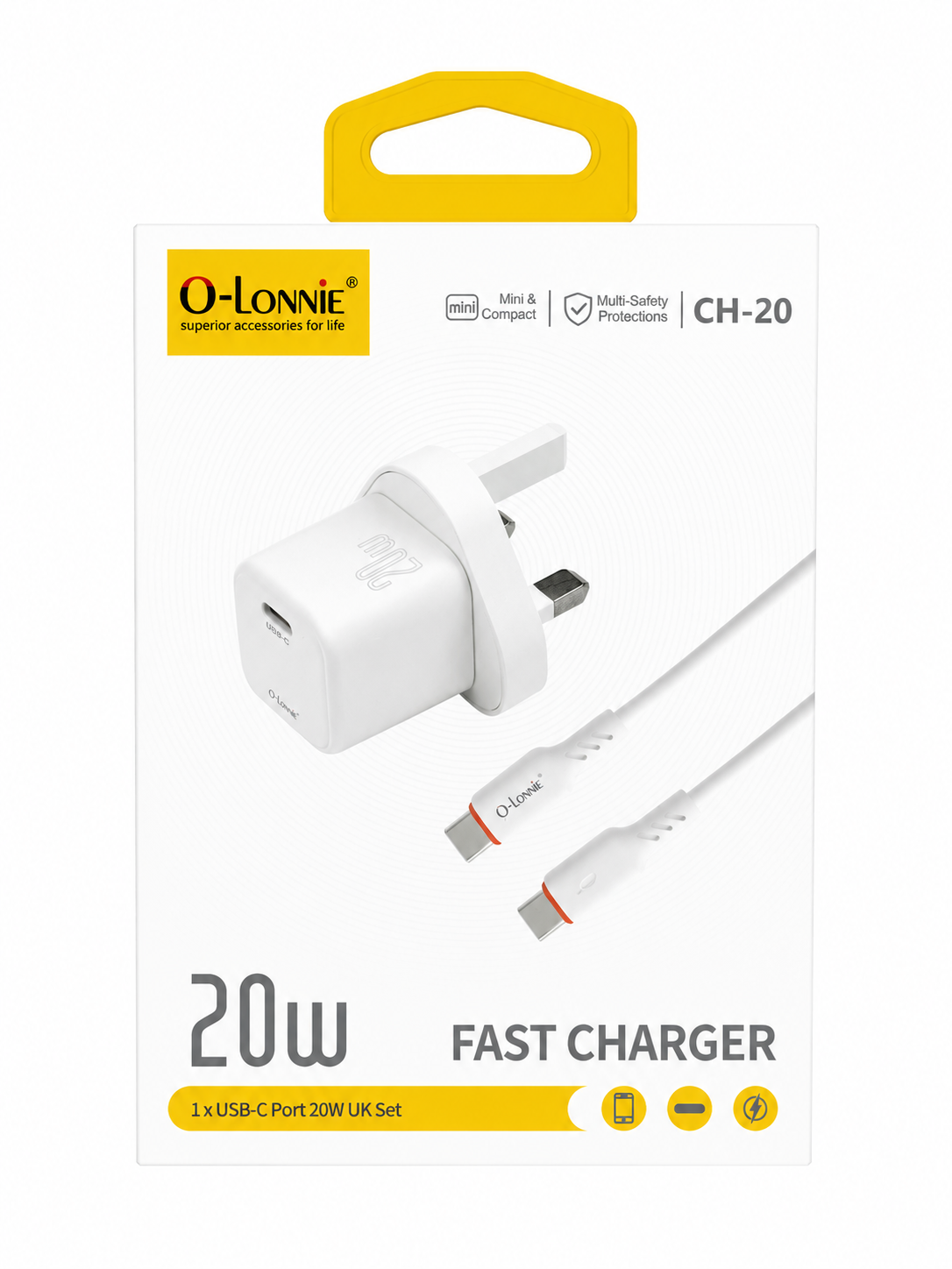 O-LONNIE CH-20 20W Fast Charging Adapter – USB-C PD Wall Charger (White)