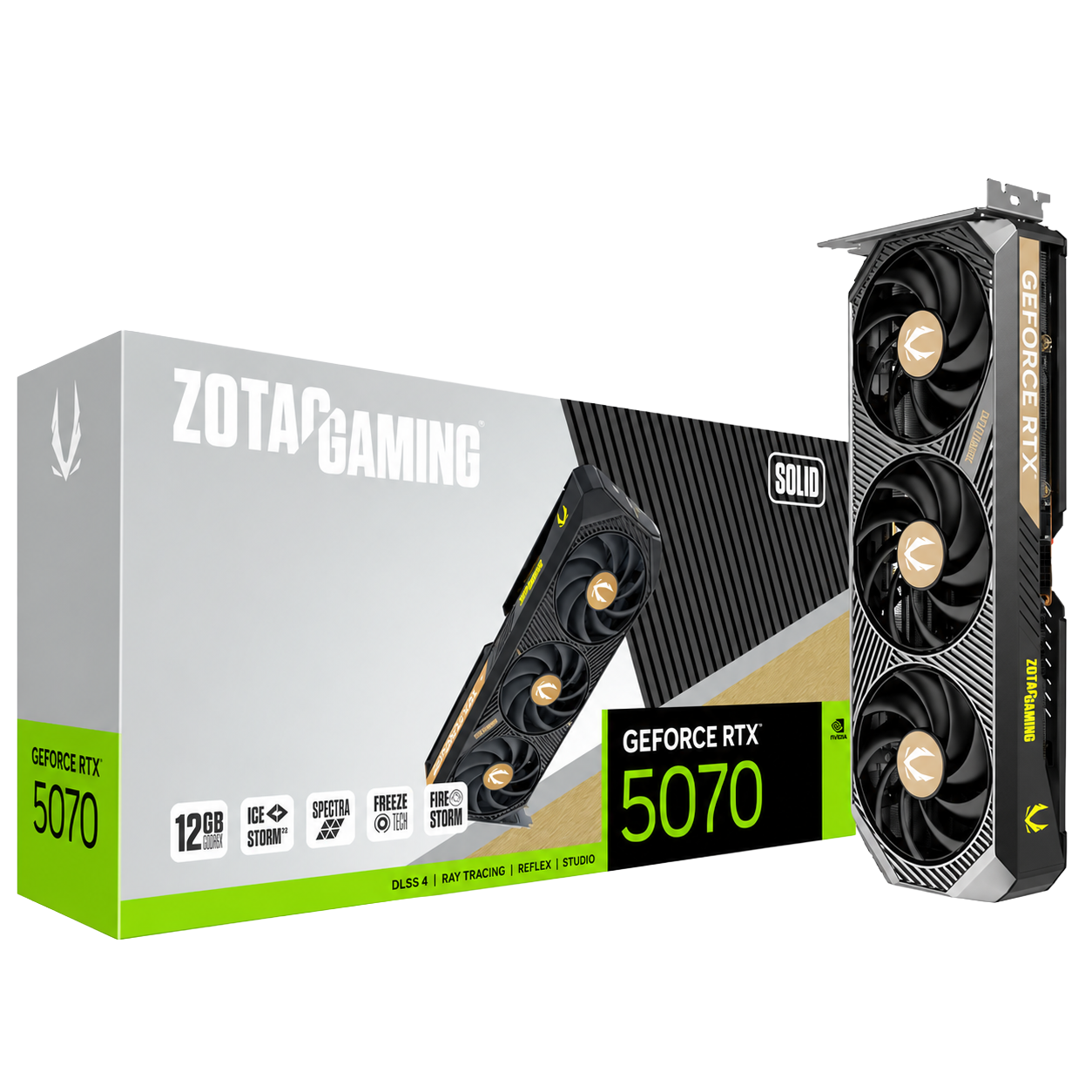 ZOTAC GAMING GeForce RTX 5070 SOLID 12GB GDDR7 Graphics Card | 2512 MHz Boost Clock | 28 Gbps Memory Speed | 192-bit | PCIe 5.0 | DLSS 4