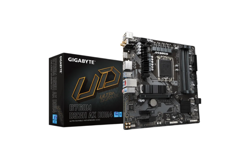 Gigabyte B760M DS3H AX DDR4 motherboard shown next to its retail packaging box on a plain white background.