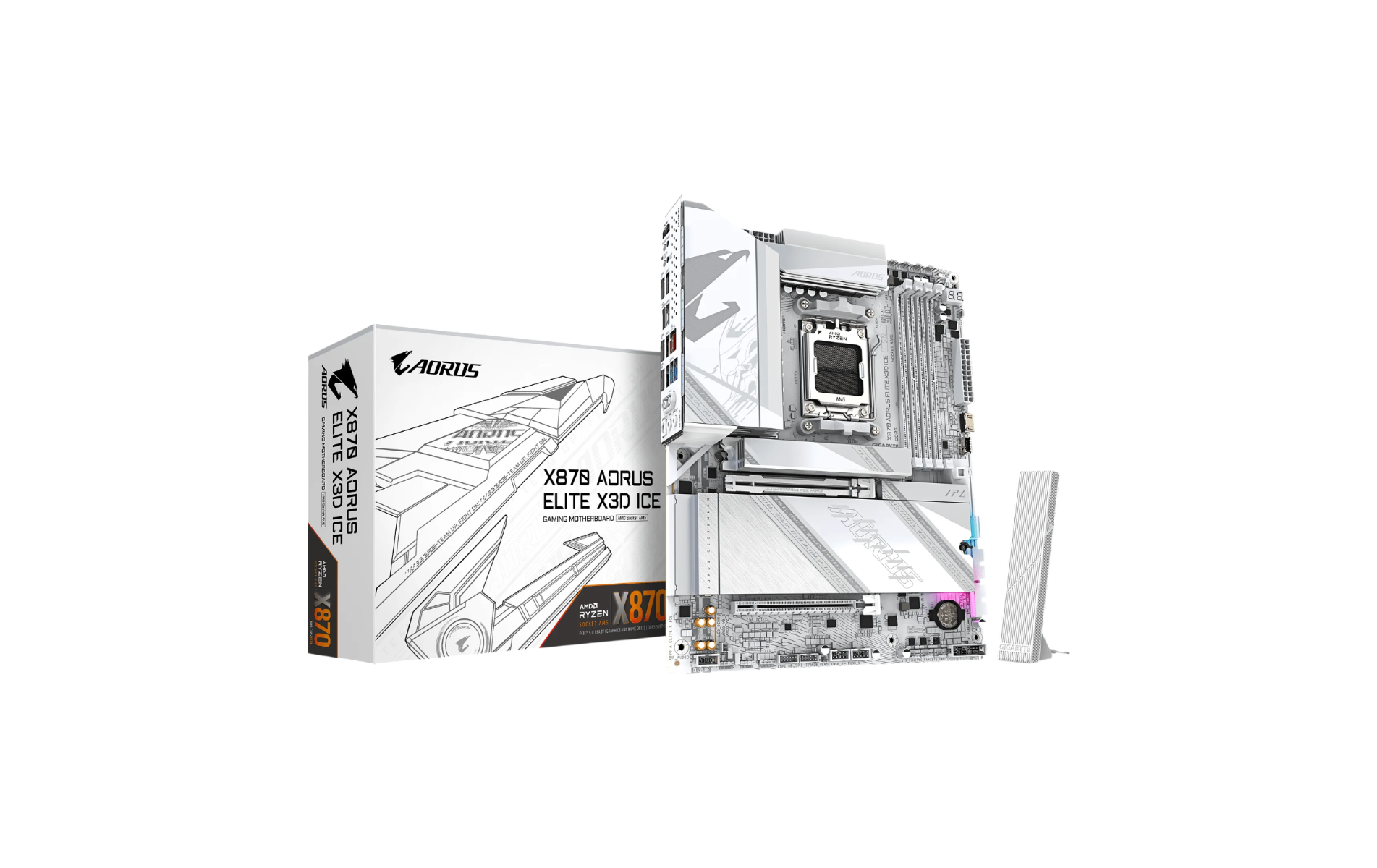 A white and silver AORUS X878 AORUS ELITE X3D ICE desktop motherboard shown next to its retail packaging box and a small white accessory on a plain white background.