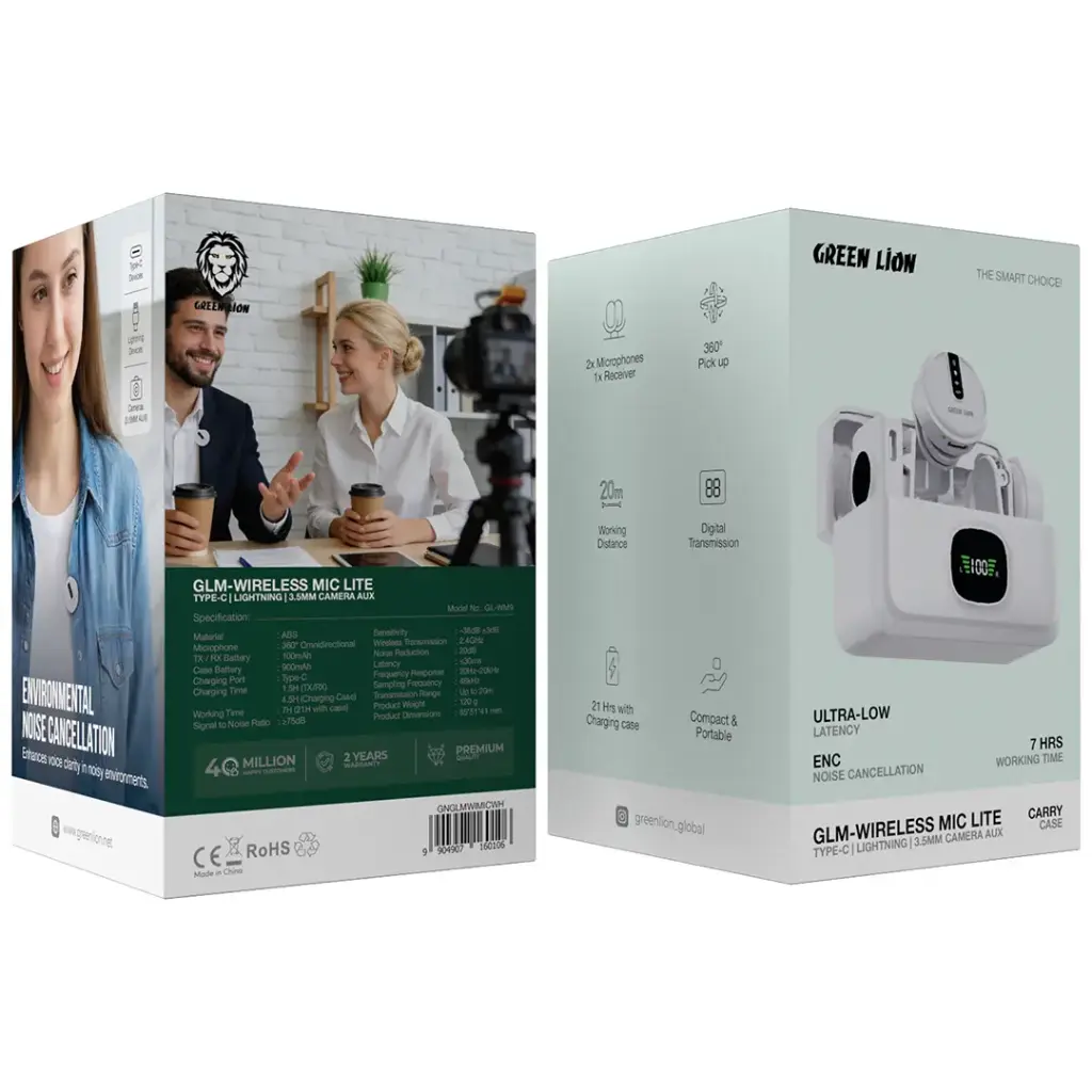 Green Lion GLM Wireless Mic Lite – Universal Type-C / Lightning / 3.5mm AUX Lavalier Microphone (Camera Compatible, White)