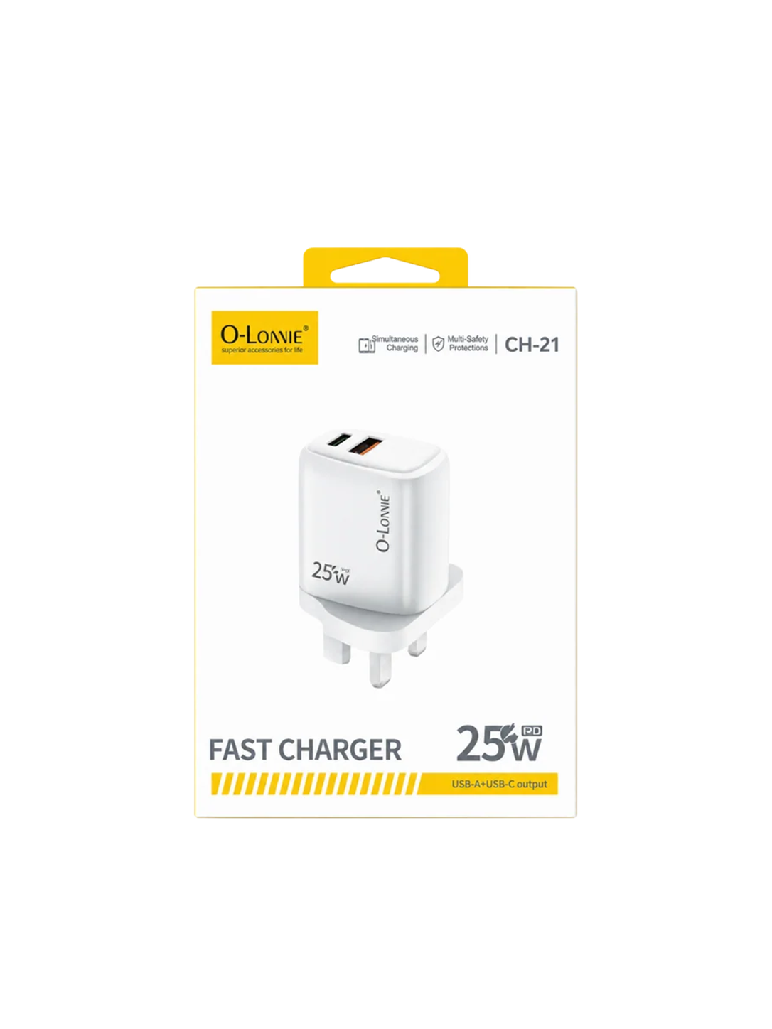 O-LONNIE CH-21 25W Fast Charging Adapter – USB-C & USB-A Dual Port PD Wall Charger (White)