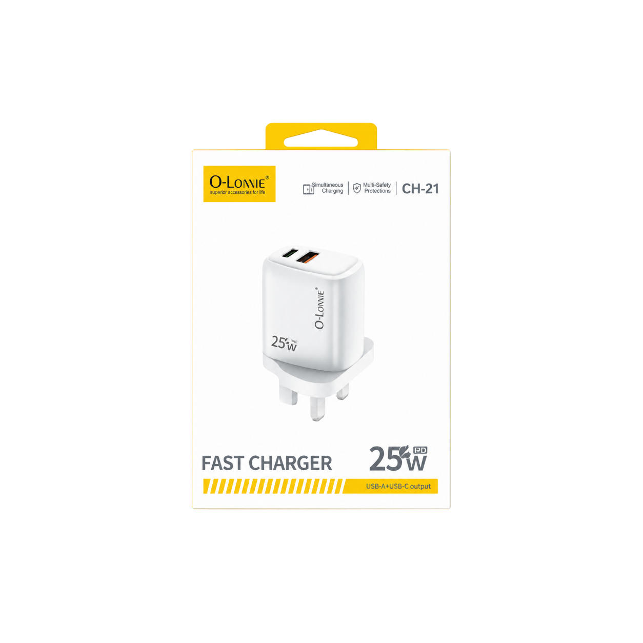 O-LONNIE CH-21 25W Fast Charging Adapter – USB-C & USB-A Dual Port PD Wall Charger (White)