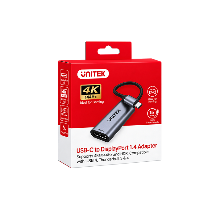 UNITEK USB-C to DisplayPort 1.4 Adapter – 4K@144Hz, HDR, USB4 & Thunderbolt 3/4 Compatible (V1415A)