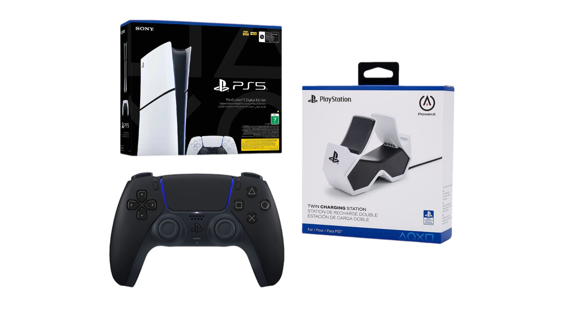 Sony PlayStation 5 Slim Digital Edition Bundle – 825GB Console + DualSense Midnight Black Controller + PowerA Twin Charging Station