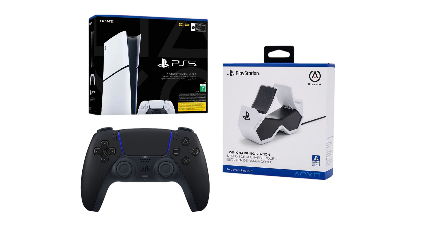 Sony PlayStation 5 Slim Digital Edition Bundle – 825GB Console + DualSense Midnight Black Controller + PowerA Twin Charging Station