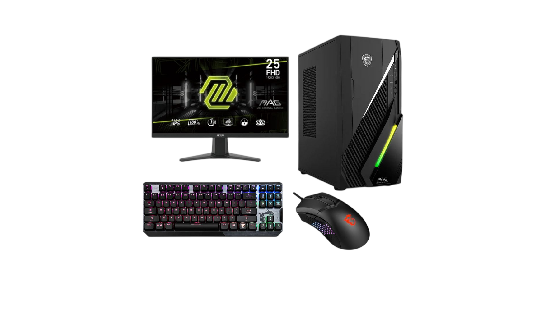 MSI MAG Infinite Gaming PC Bundle – Intel i5-14400F, RTX 3050 6GB, 8GB DDR5, 512GB NVMe SSD + MSI 25” 180Hz Monitor, Gaming Headset & Keyboard