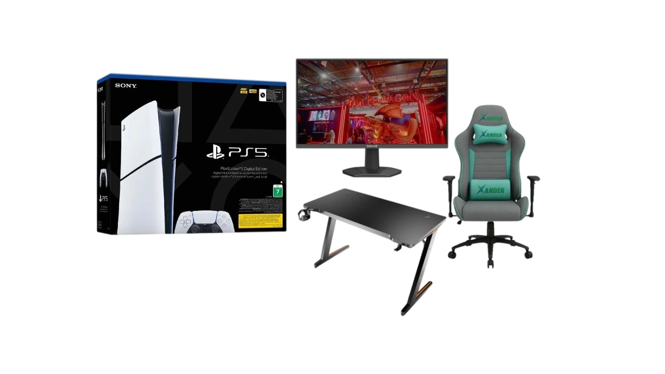 Sony PlayStation 5 Slim Digital Edition Bundle – 825GB Console + 24” 200Hz Gaming Monitor + RGB Desk & Chair Setup