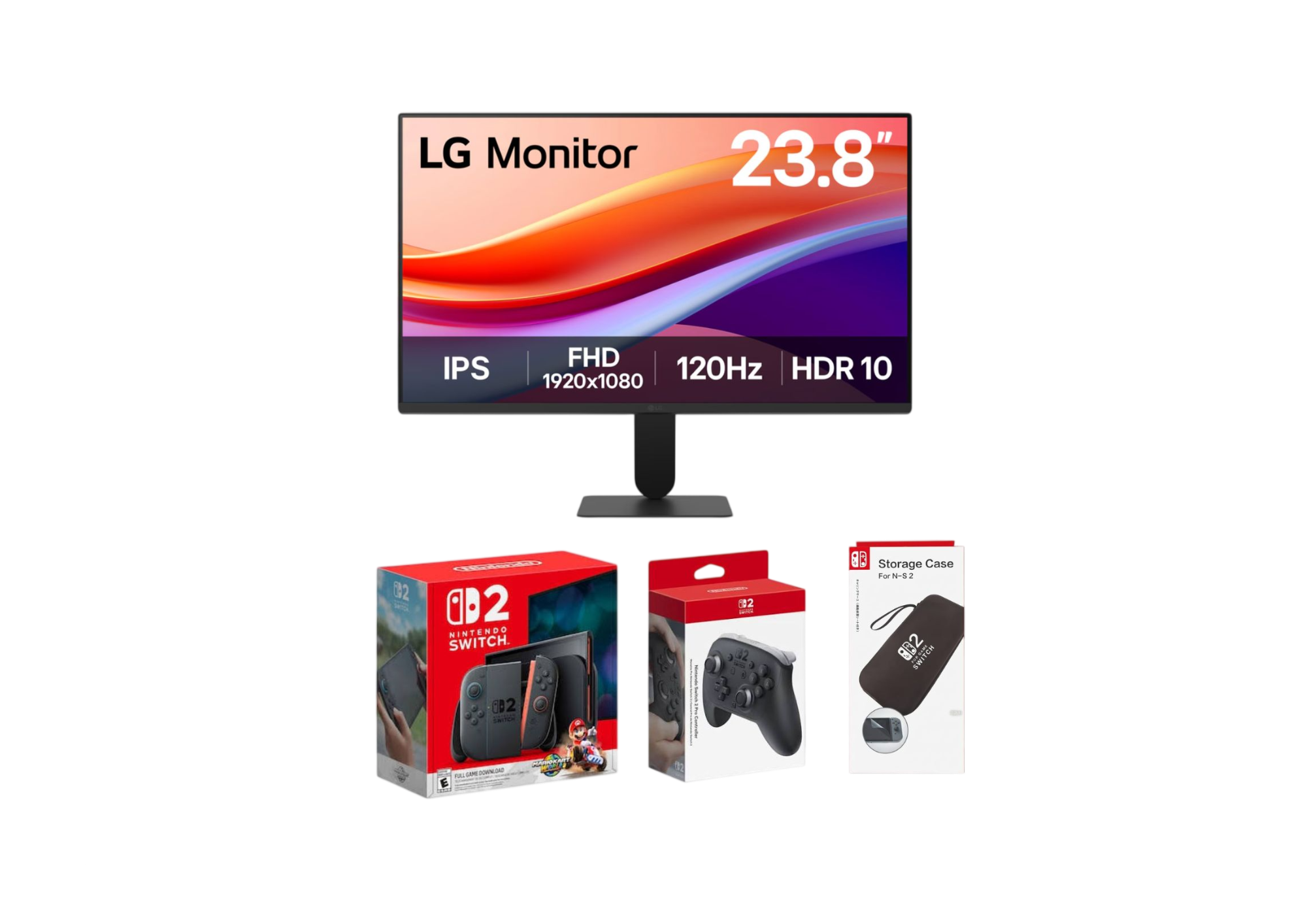 Nintendo Switch 2 Gaming Console Bundle – Switch 2 Pro Controller, Storage Case & LG 23.8" Full HD 120Hz IPS HDR10 Monitor