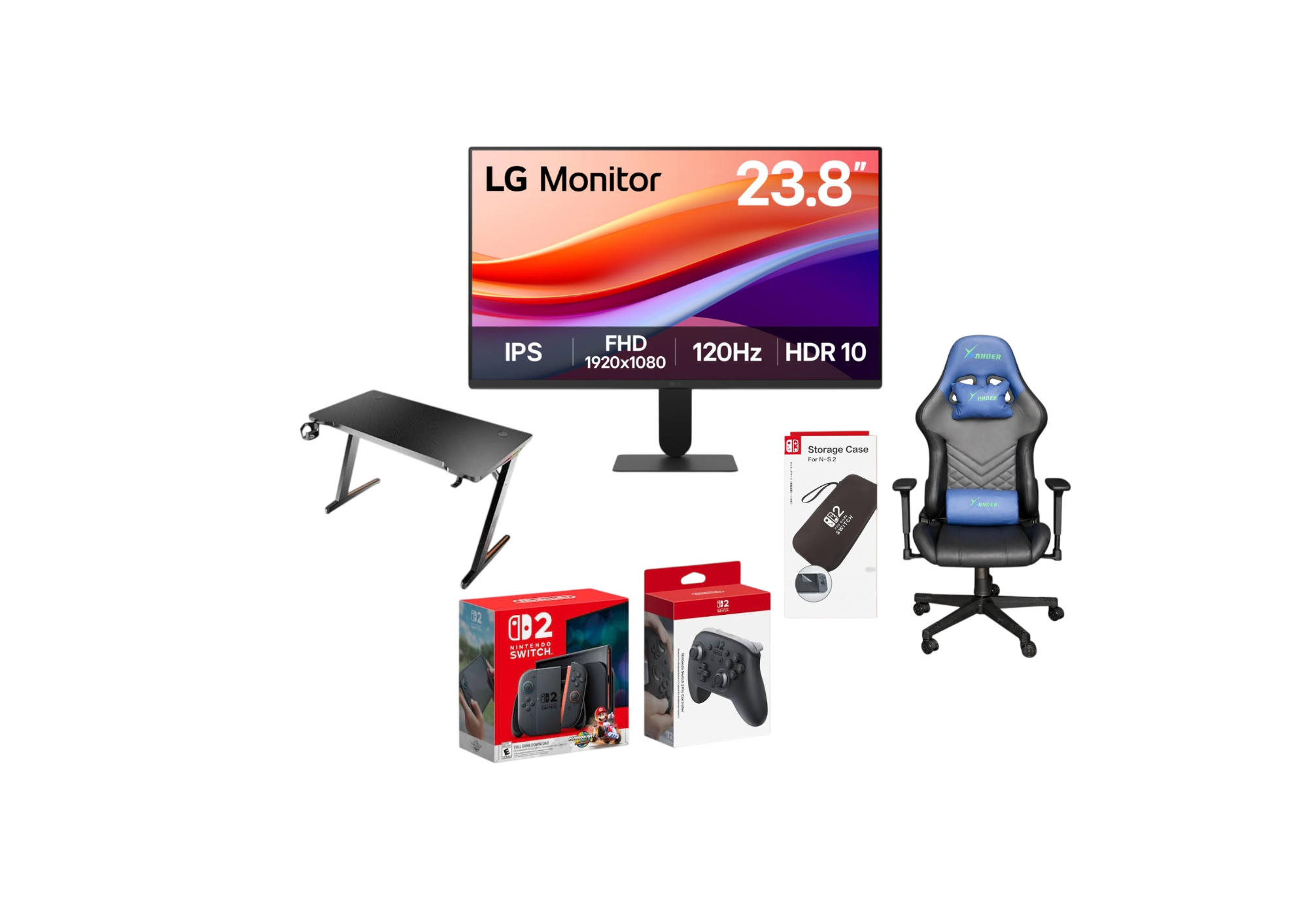 Nintendo Switch 2 Ultimate Gaming Setup Bundle – Switch 2 Console, Pro Controller, Storage Case, LG 23.8" 120Hz IPS Monitor, XANDER X-MAX Gaming Chair & XIGMATEK Apex Two RGB Gaming Desk