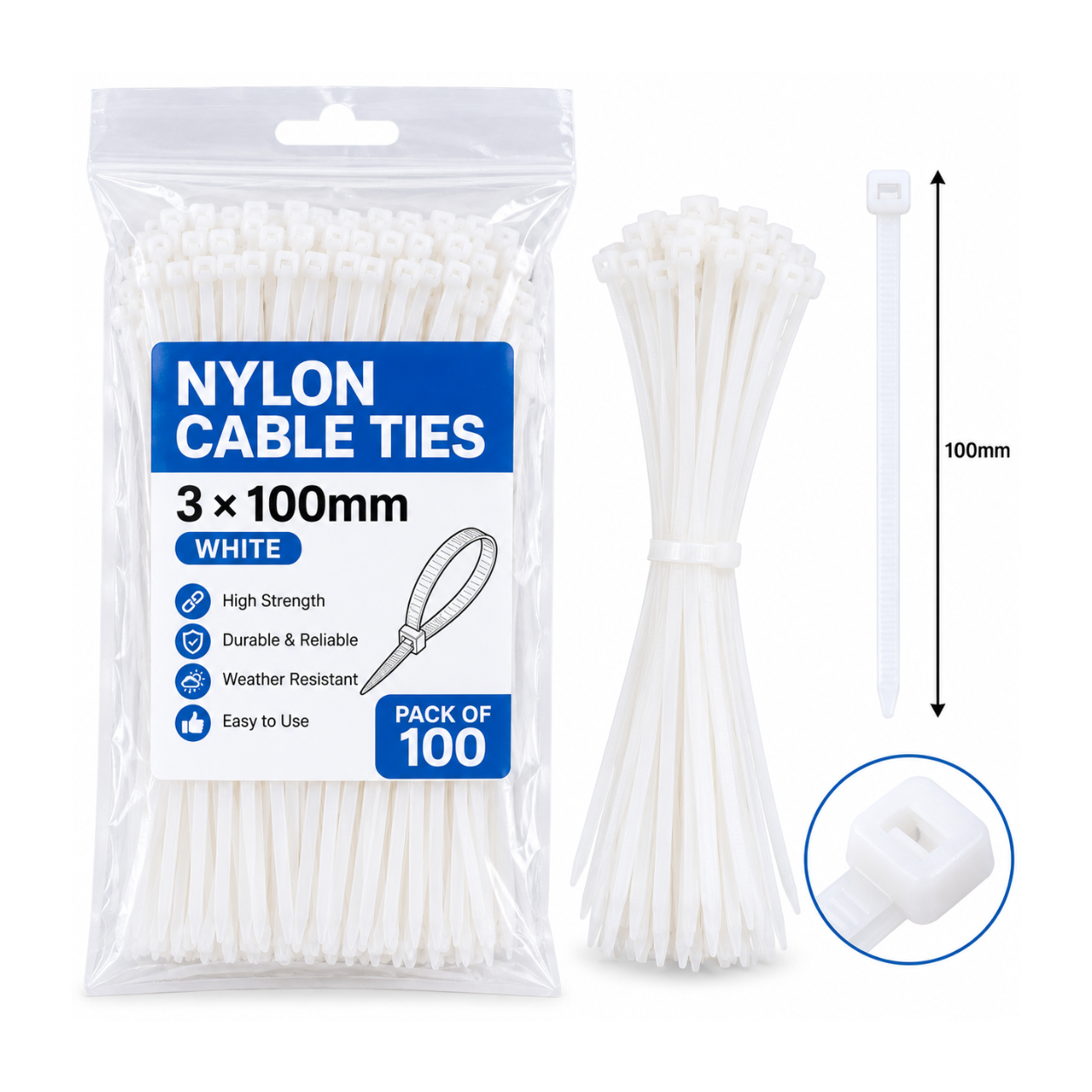 Nylon Cable Ties 3 × 100mm – White, Pack of 100