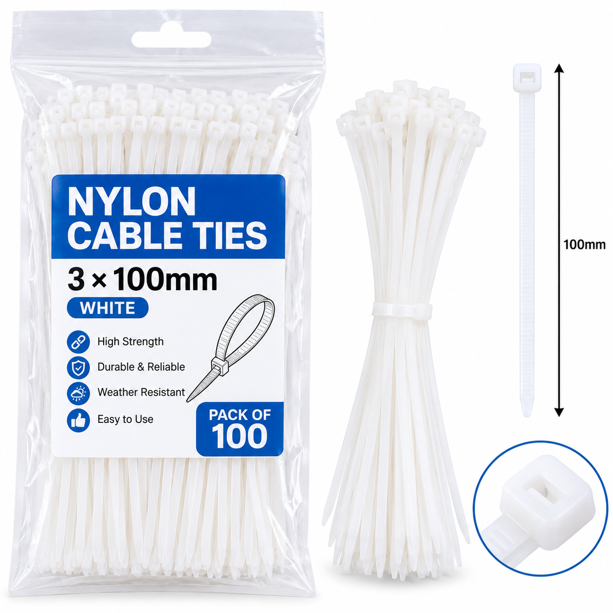Nylon Cable Ties 3 × 100mm – White, Pack of 100