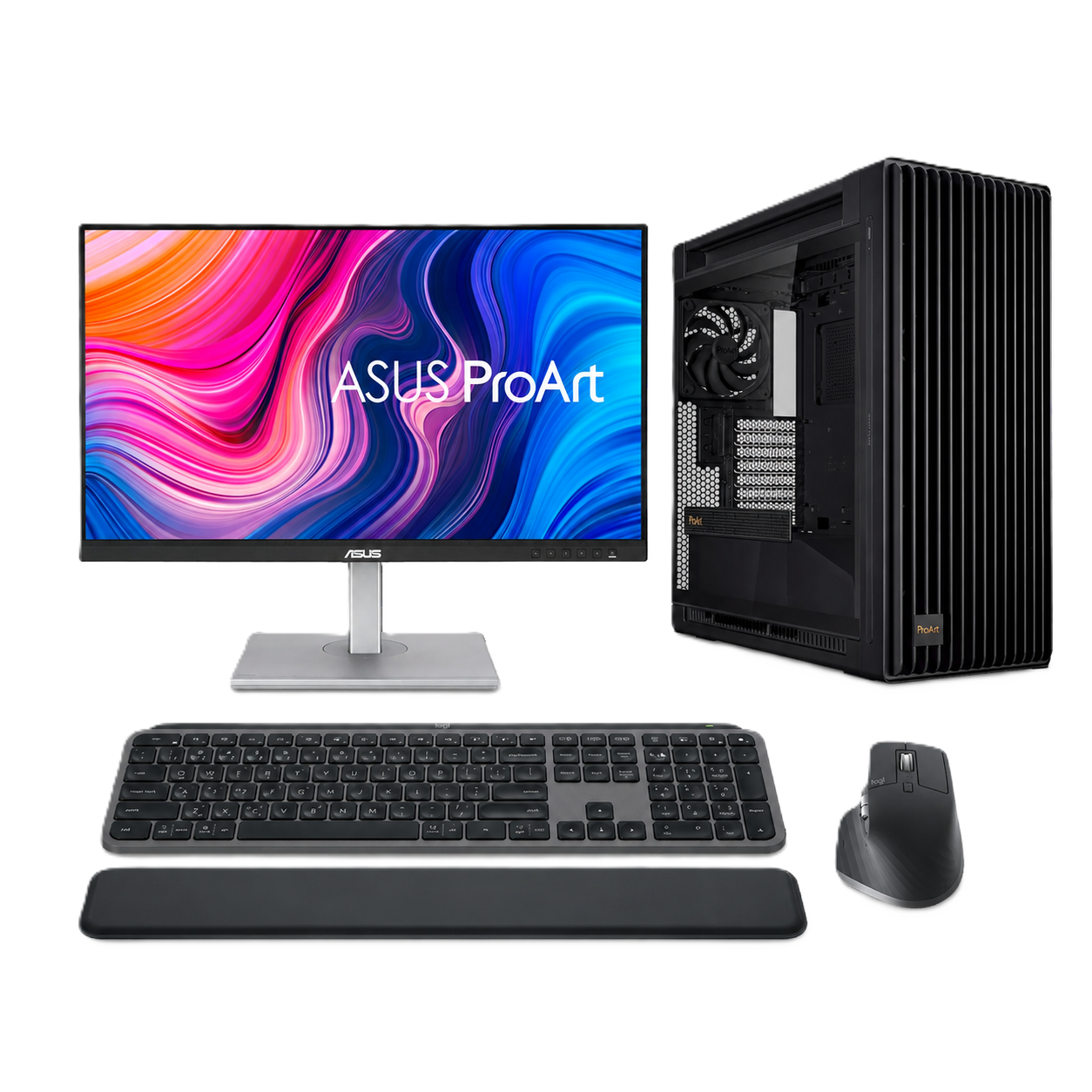 ASUS ProArt Workstation PC – AMD Ryzen 9 9950X, RTX 5080 16GB, 32GB DDR5, 4TB NVMe SSD with 27" ProArt Monitor & Logitech MX Keys S Combo