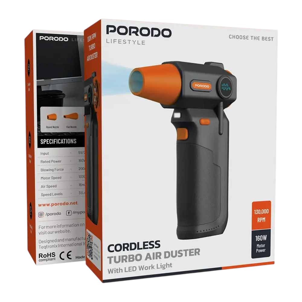 Porodo Lifestyle Cordless Turbo Air Duster with LED Work Light – Black, Rechargeable Cleaning Blower