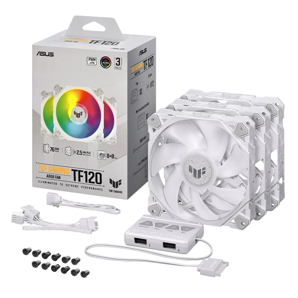 ASUS TUF Gaming TF120 ARGB White Fan Triple Kit – 120mm PWM Cooling Fans with ARGB Controller