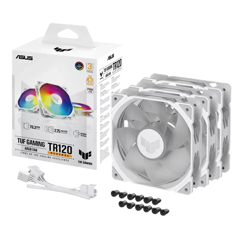 ASUS TUF Gaming TR120 ARGB Reverse White Fan Triple Pack – 120mm PWM Reverse Blade Cooling Fans (3-in-1 Kit)