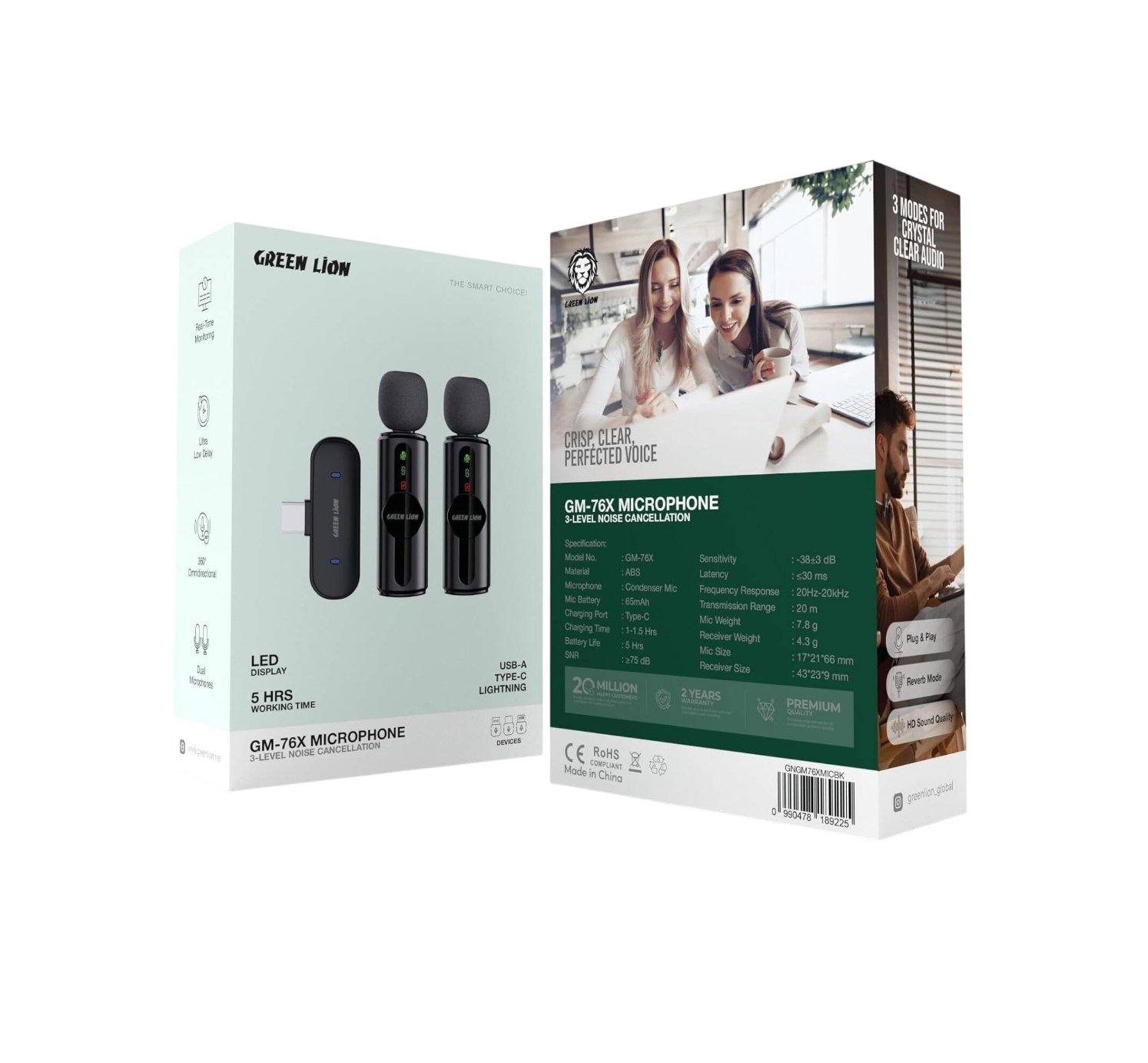 Green Lion GM-76X Dual Wireless Microphone – 3-in-1 Lavalier Mic with Noise Cancellation