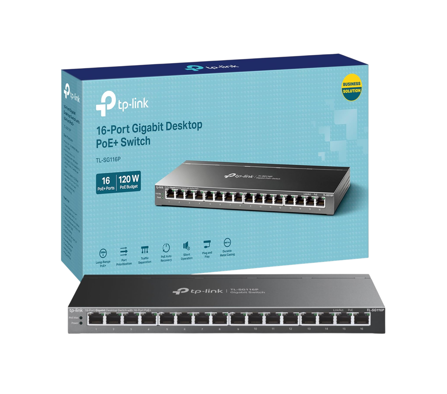 TP-Link TL-SG116P 16-Port Gigabit Desktop Switch – 16-Port PoE+ Unmanaged Network Switch