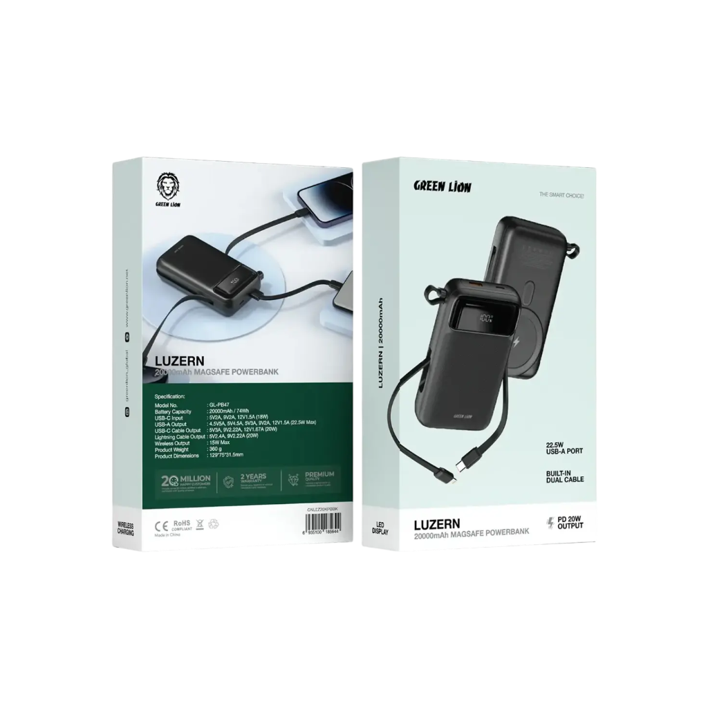 Green Lion Luzern MagSafe 20,000mAh Power Bank – GNLEZ20KPBBK | Wireless 15W Fast Charging Power Bank with Built-in USB-C & Lightning Cables, PD 20W & 22.5W Output