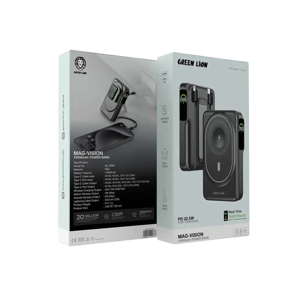 Green Lion Mag-Vision 10,000mAh Power Bank – GL-PB96 (GNMAGVS10PBK) MagSafe Wireless Fast Charging Power Bank with Built-in Cables, Kickstand & PD 22.5W