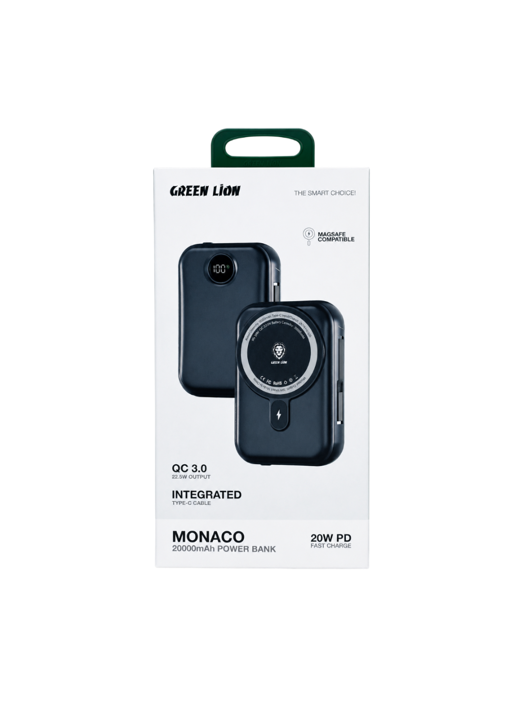 Green Lion Monaco 20,000mAh Power Bank – GNMPB20KTCBL | MagSafe Wireless Fast Charging Power Bank with Built-in Type-C Cable, PD 20W & QC 22.5W Output, LCD Display