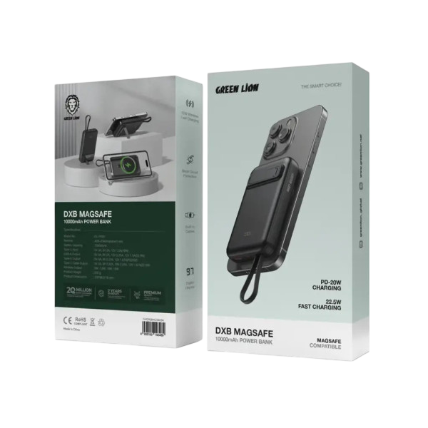 Green Lion DXB MagSafe 10,000mAh Power Bank – GNDXBMG10KBK | Wireless 15W Fast Charging Power Bank with Built-in Type-C Cable, PD 20W & 22.5W Output, LCD Display