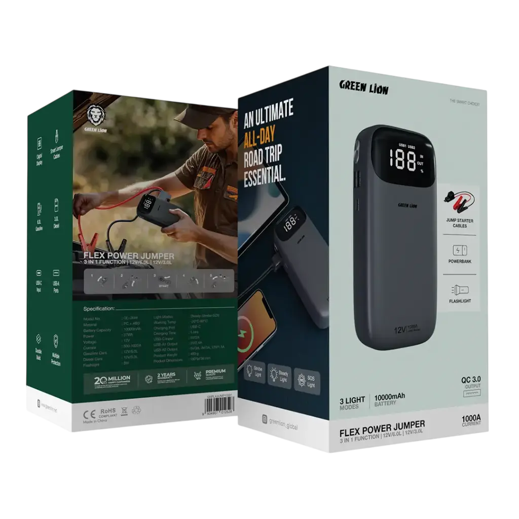 Green Lion Flex Power Jumper & Power Bank 10,000mAh – GNFLXJUMP10GY | 1000A 3-in-1 Portable Car Jump Starter with QC 3.0 Fast Charging, USB-C Input & LED Emergency Flashlight