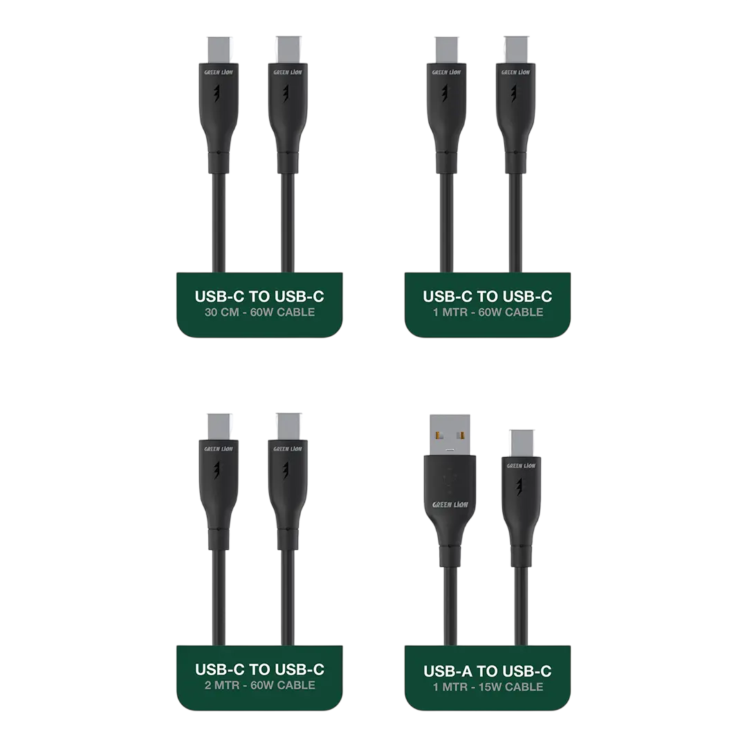 Green Lion GN4N1C Combo USB Charging Cable – USB-C to USB-C 60W Fast Charging & USB-A to USB-C 15W Multi-Length Cable Set (30cm / 1m / 2m)