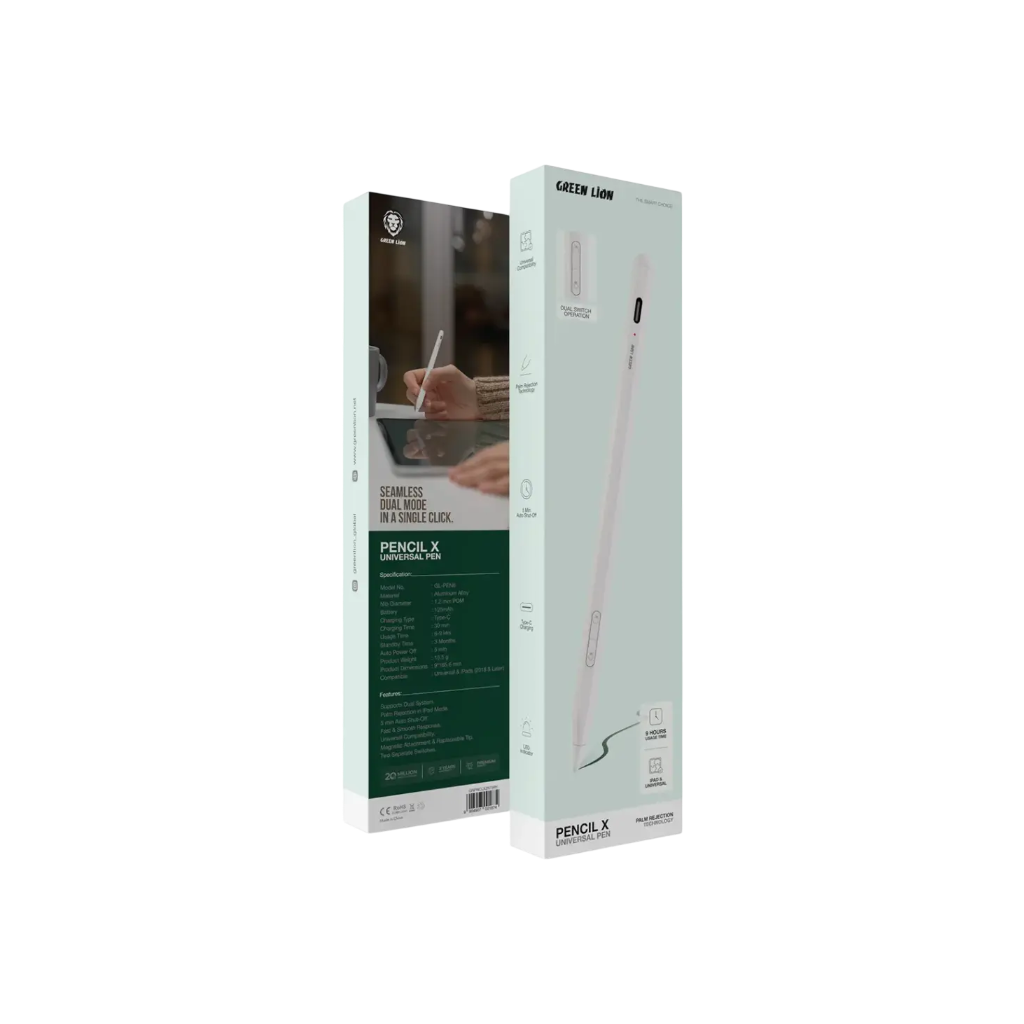 Green Lion Pencil X Universal Pen – GNPNCLX2N1WH White | Active Stylus Pen for iPad & Touch Devices with 1.2mm Precision Tip, Palm Rejection & Type-C Fast Charging