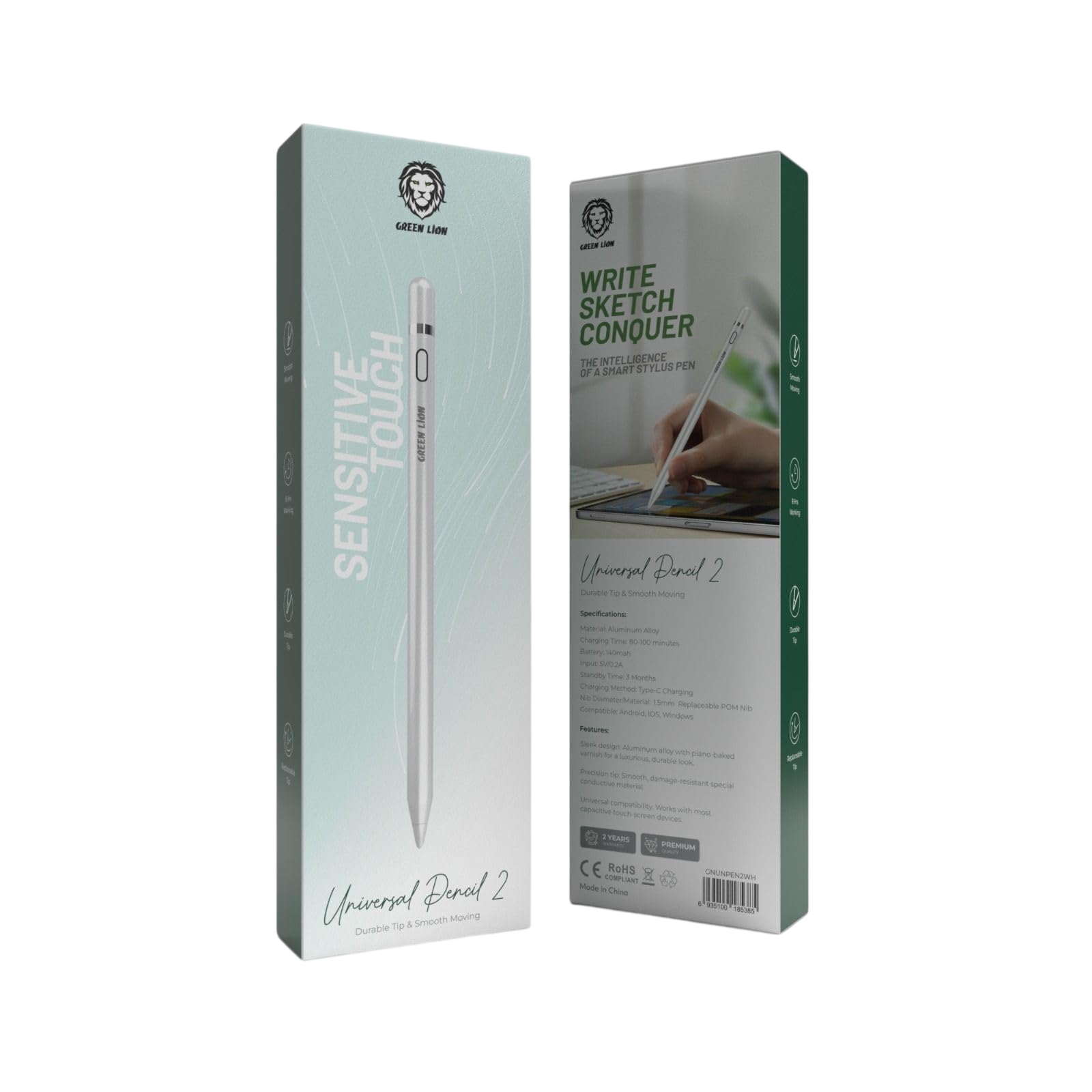 Green Lion Universal Pencil 2 – White GNUNPEN2WH | Active Stylus Pen for iPad & Touch Devices with 1.5mm Precision Tip, Type-C Fast Charging & Palm Rejection Technology