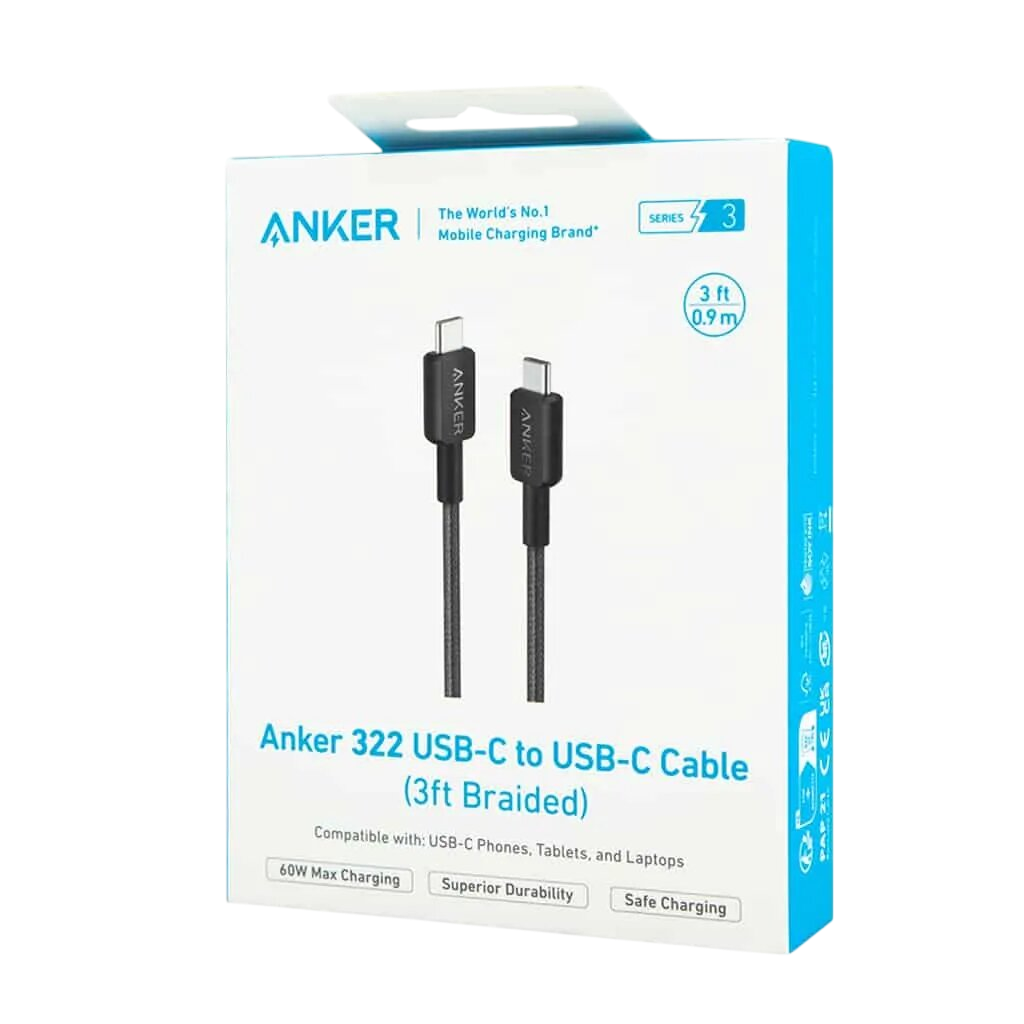Anker 322 USB-C to USB-C Cable 3FT (0.9m) – A81F5H11 60W Fast Charging Braided Type-C Cable
