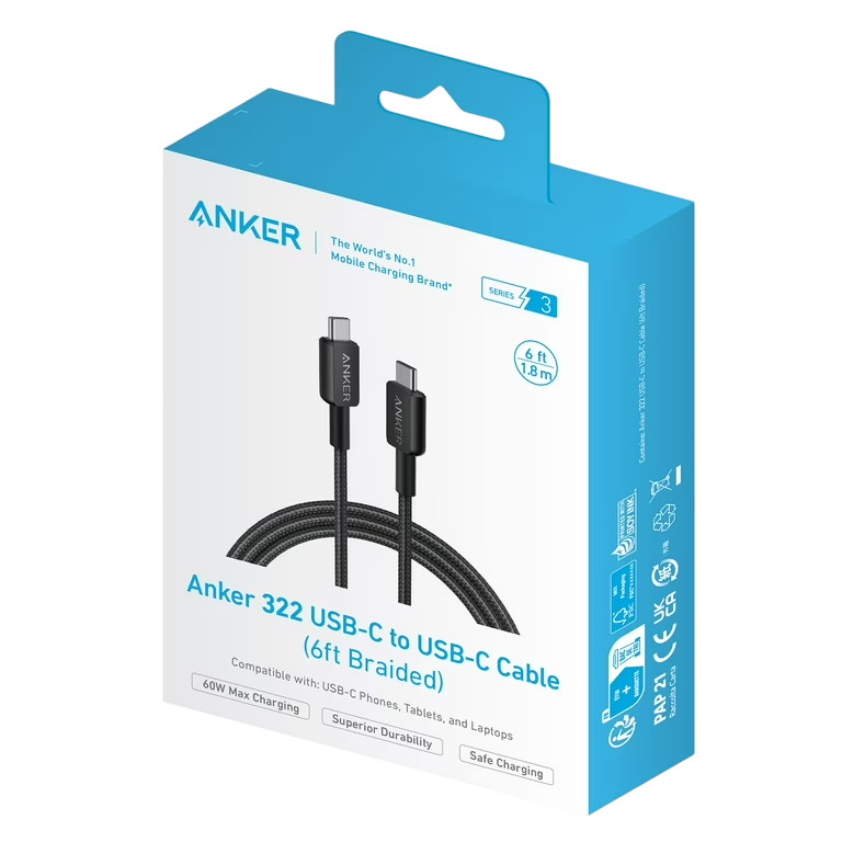Anker 322 USB-C to USB-C Cable 6FT (1.8m) – A81F6H11 60W Fast Charging Braided Type-C Cable