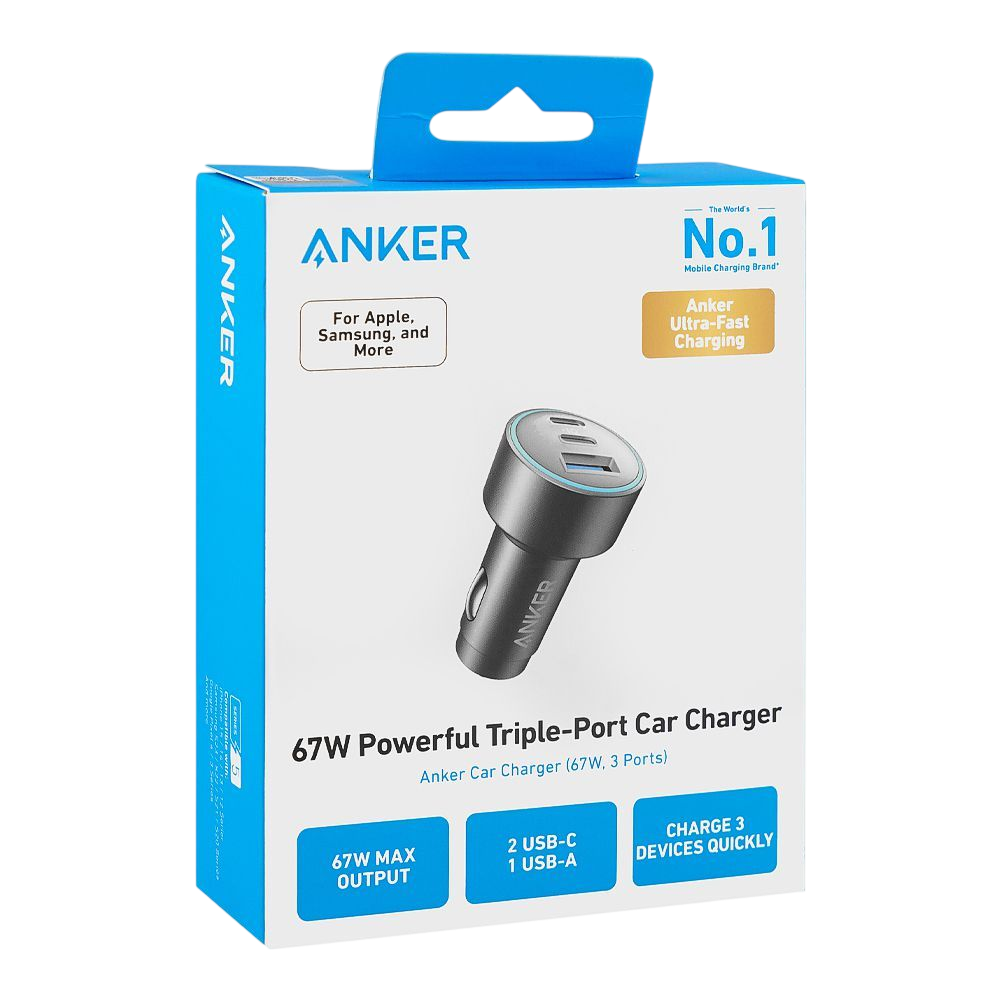 Anker 535 PowerDrive 67W Car Charger A2731HA1 – 3-Port (2 USB-C + 1 USB-A) Fast Charging Adapter