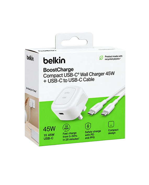 Belkin 45W USB-C PD Wall Charger with 1M USB-C to USB-C Cable