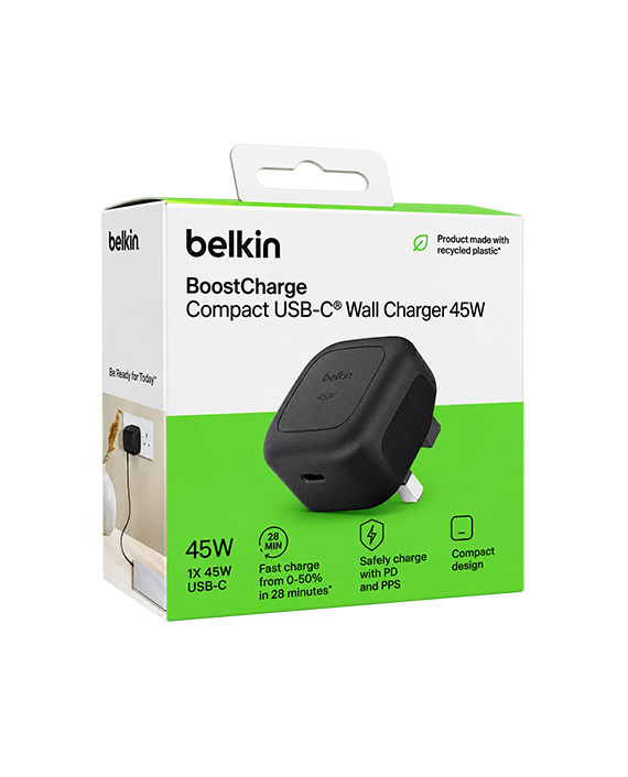 Belkin BoostCharge Compact 45W USB-C Wall Charger with PPS – Black