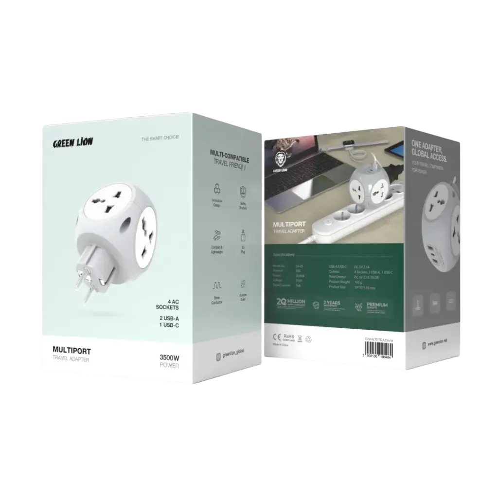 Green Lion Multi Port Travel Adapter CNMPTLAD4WWH – Universal Travel Plug with USB-C & USB-A Ports (White)