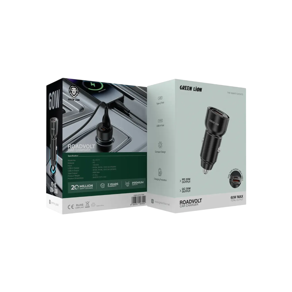 Green Lion RoadVolt 60W Fast Car Charger GNRODVLTBK – USB-C PD & USB-A QC Dual Port Car Charger