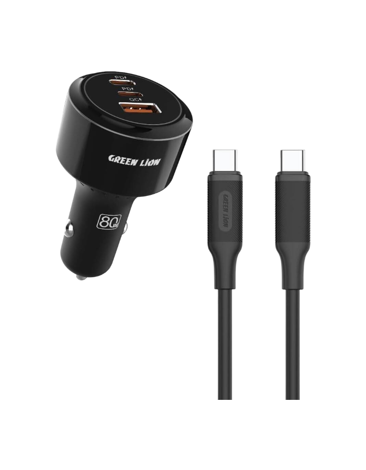 Green Lion Road EX 80W Car Charger GNRODXCCTCBK – 3-Port Fast Car Charger with USB-C to USB-C Cable