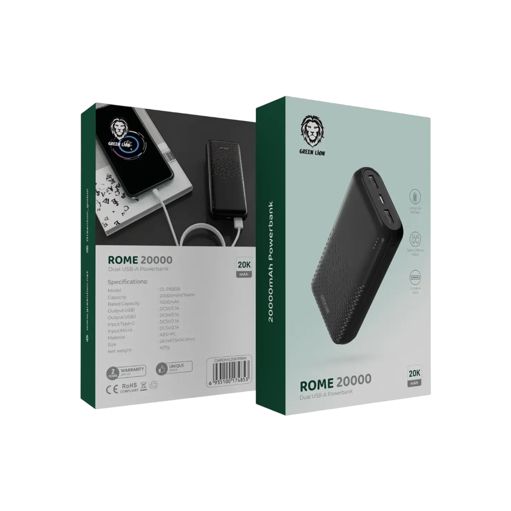 Green Lion Rome 20000mAh Power Bank GNRME20KPD2BK – PD 20W Fast Charging Portable Power Bank (Black)