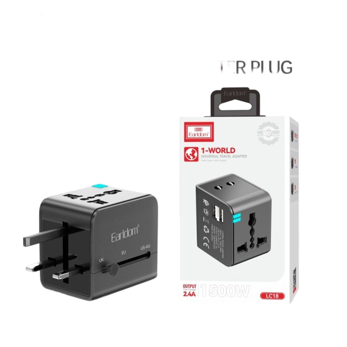 Earldom LC18 1500W Universal Travel Adapter – Multi Plug Worldwide Power Adapter with Dual USB Ports (Black)