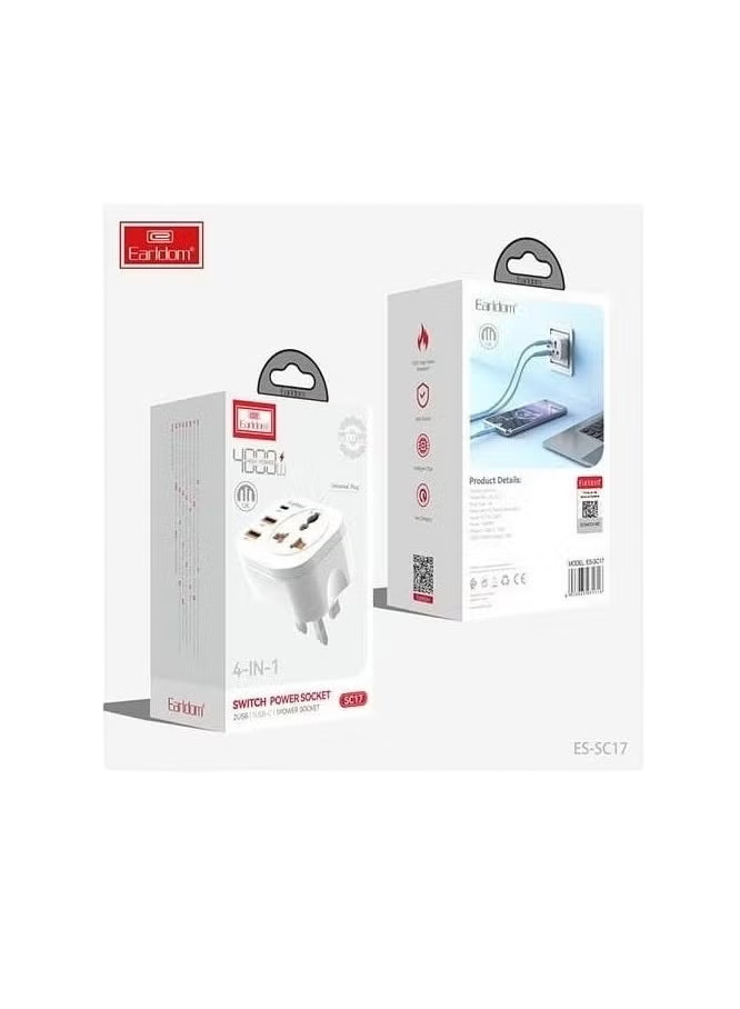 Earldom SC17 4-in-1 Power Port 4000W Multi Plug Extension Socket – Universal Travel Adapter with USB Charging Ports