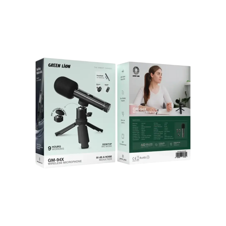 Green Lion GM-94X Wireless Microphone – 2.4GHz Clip-On Lavalier Mic with Noise Cancellation & 20m Range (Black)