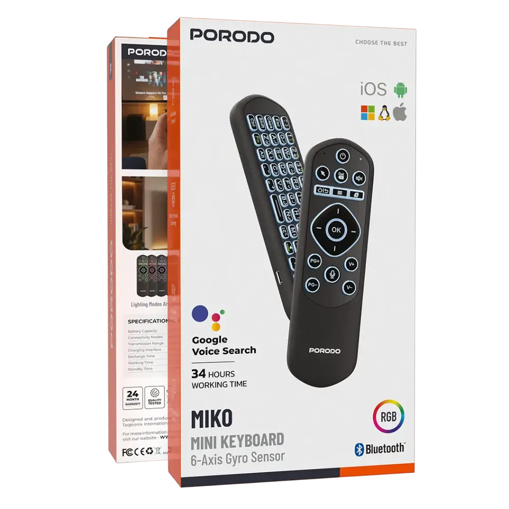Porodo Miko Mini Keyboard PDAMX6BK – 6-Axis Gyro Air Mouse Wireless Remote with Voice Control & RGB Backlight