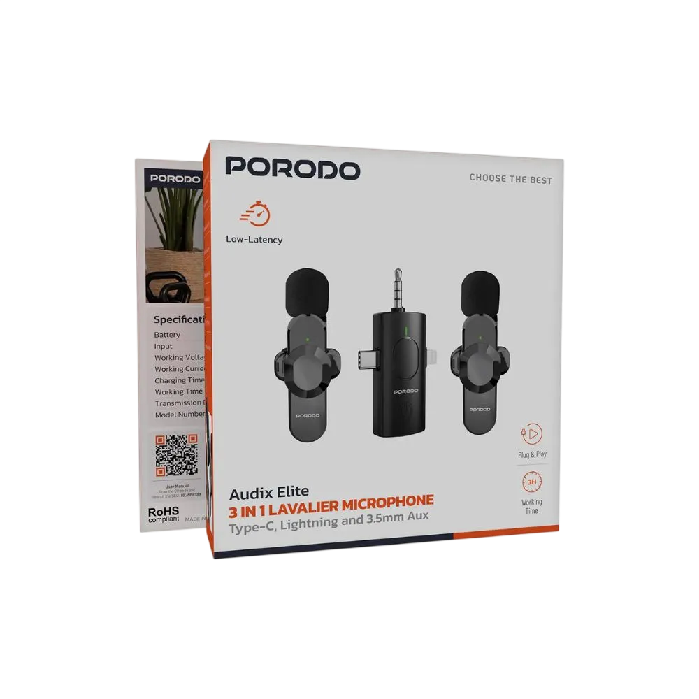 Porodo Audix Elite 3-in-1 Lavalier Wireless Microphone – PDLAMPHF13BK USB-C / Lightning / 3.5mm AUX Dual Mic System (Black)